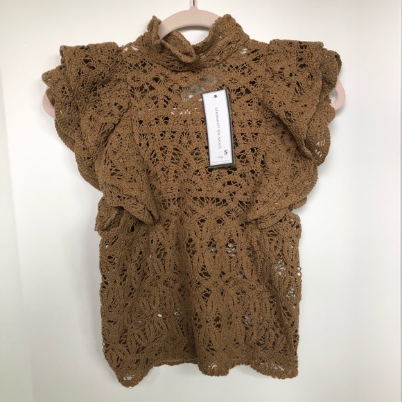 Goodnight Macaroon Tops - Goodnight Macaroon Brown Crochet Blouse Size Small